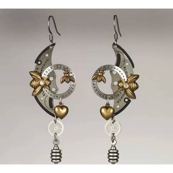 Steampunk Mechanical Machinery Dangle Earrings NEW Silver Gold Bees Hearts - Picture 2 of 5